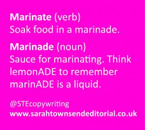 Confusables marinate vs marinade. Language and spelling tips from copywriter Sarah Townsend Editorial