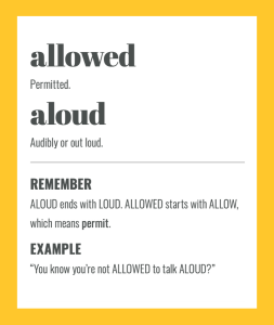 Confusables: ALOUD vs ALLOWED. Simple spelling tips to remember the difference, from The Little Book of Confusables