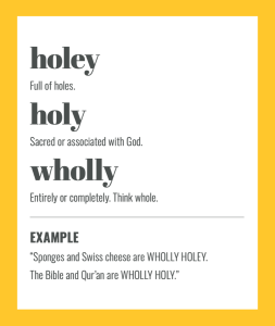 Confusables: HOLEY vs HOLY vs WHOLLY. Simple spelling tips to remember the difference, from The Little Book of Confusables