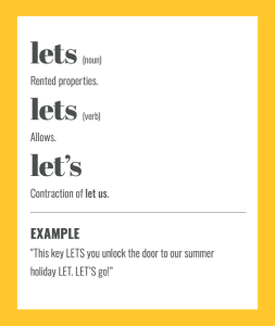 Confusables: LETS vs LET'S. Simple spelling tips to remember the difference, from The Little Book of Confusables
