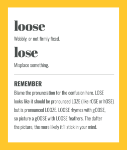 Confusables: LOSE vs LOOSE. Simple spelling tips to remember the difference, from The Little Book of Confusables
