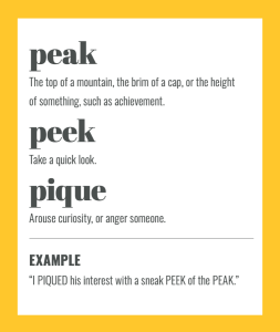 Confusables: PEAK vs PEEK vs PIQUE. Simple spelling tips to remember the difference, from The Little Book of Confusables