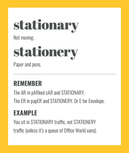 Confusables: STATIONARY vs STATIONERY. Simple spelling tips to remember the difference, from The Little Book of Confusables