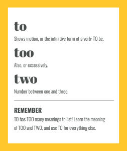 Confusables: TWO vs TOO vs TO. Simple spelling tips to remember the difference, from The Little Book of Confusables