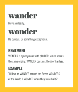 Confusables: WANDER and WONDER. Simple spelling tips to remember the difference, from The Little Book of Confusables