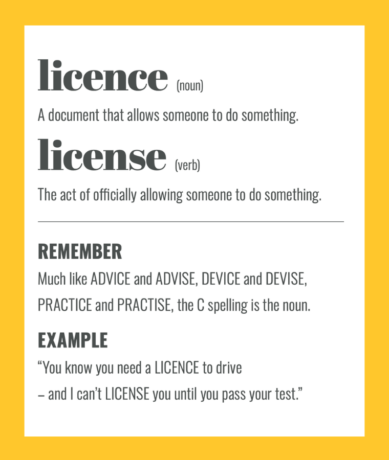 Confusables: LICENCE vs LICENSE. Simple spelling tips to remember the difference, from The Little Book of Confusables
