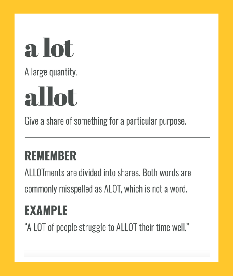 Confusables: A LOT vs ALLOT. Simple spelling tips to remember the difference, from The Little Book of Confusables