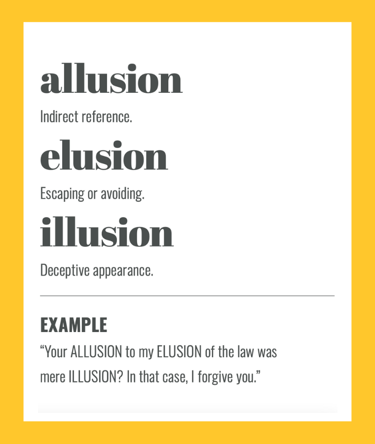 Confusables: ALLUSION vs ELUSION vs ILLUSION. Simple spelling tips to remember the difference, from The Little Book of Confusables