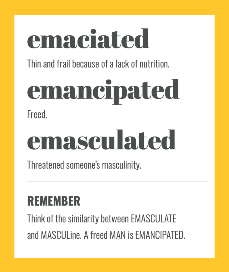 Confusables: EMACIATED, EMANCIPATED and EMASCULATED. Simple spelling tips to remember the difference, from The Little Book of Confusables