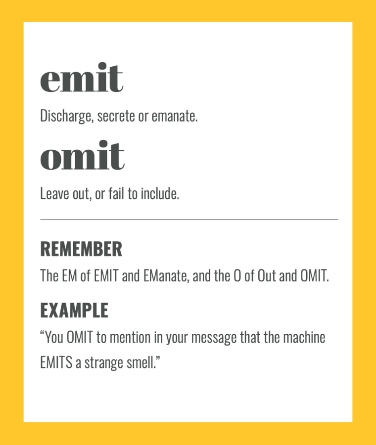 Confusables: EMIT vs OMIT. Simple spelling tips to remember the difference, from The Little Book of Confusables
