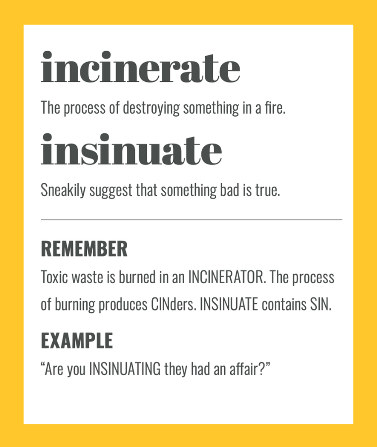 Confusables: INCINERATE and INSINUATE. Simple spelling tips to remember the difference, from The Little Book of Confusables