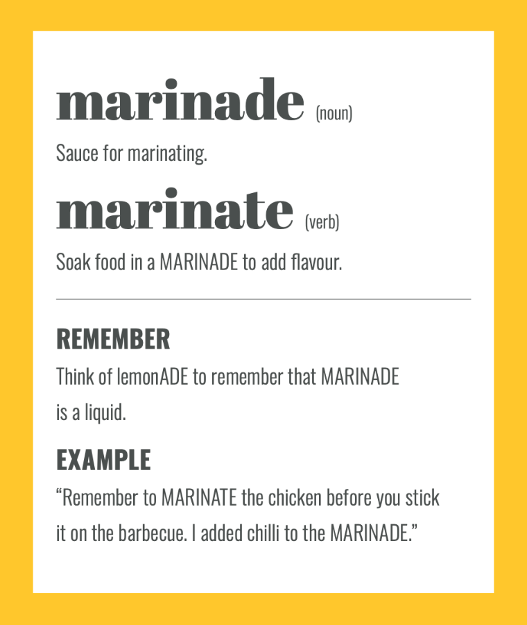 Confusables: MARINATE vs MARINADE. Simple spelling tips to remember the difference, from The Little Book of Confusables