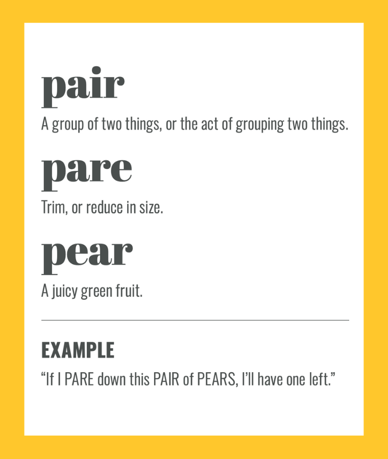 Confusables: PAIR vs PARE vs PEAR. Simple spelling tips to remember the difference, from The Little Book of Confusables