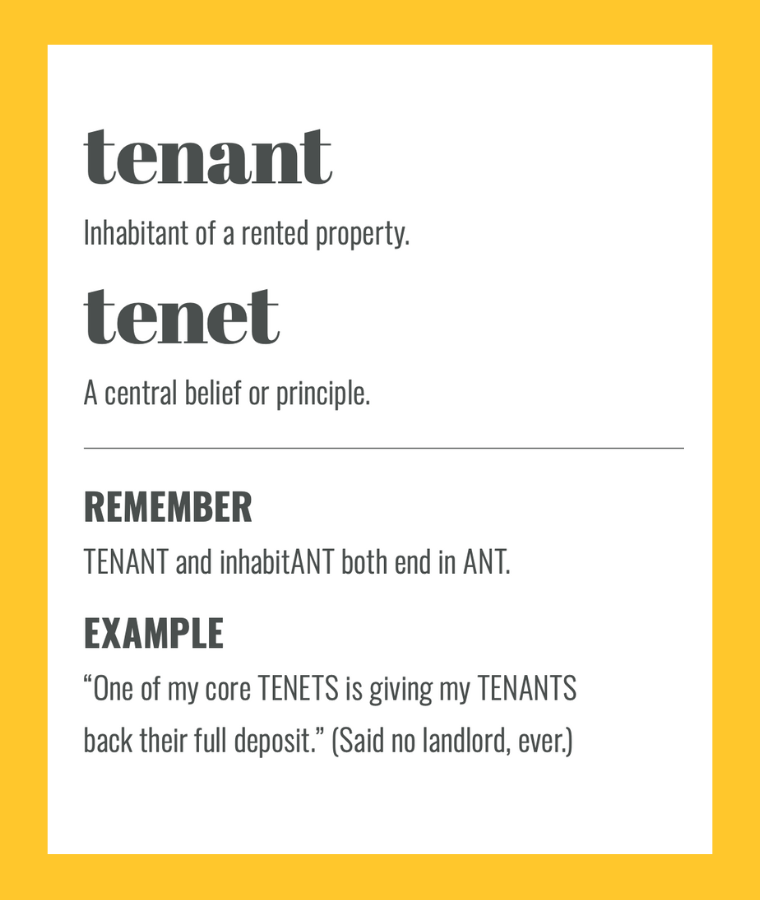 Confusables: TENANT and TENET. Simple spelling tips to remember the difference, from The Little Book of Confusables