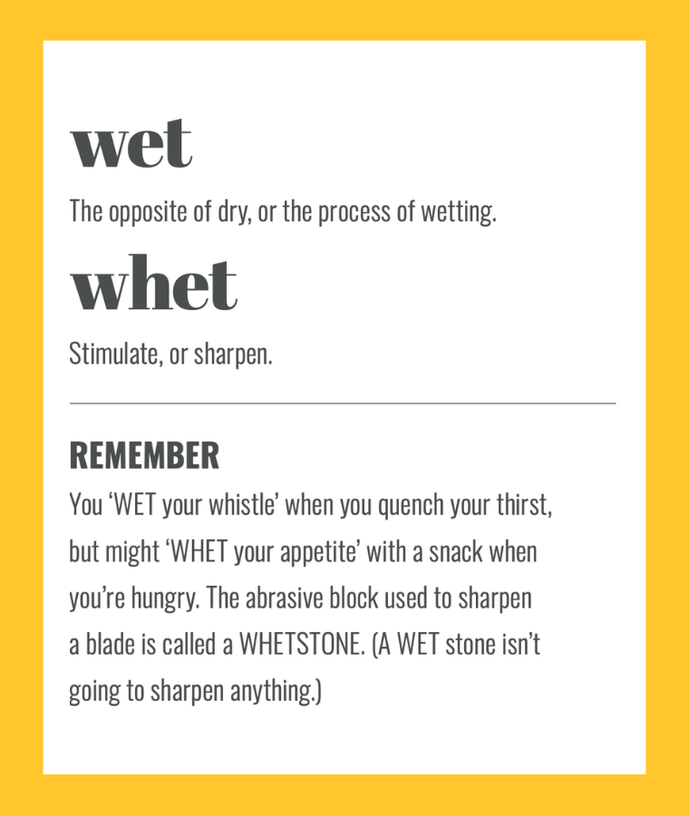 Confusables: WET vs WHET. Simple spelling tips to remember the difference, from The Little Book of Confusables